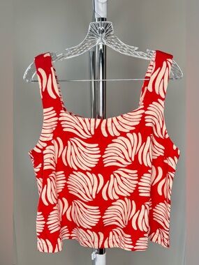 Red With Cream Shell Printed Square-Neck Tank Top-Size Large